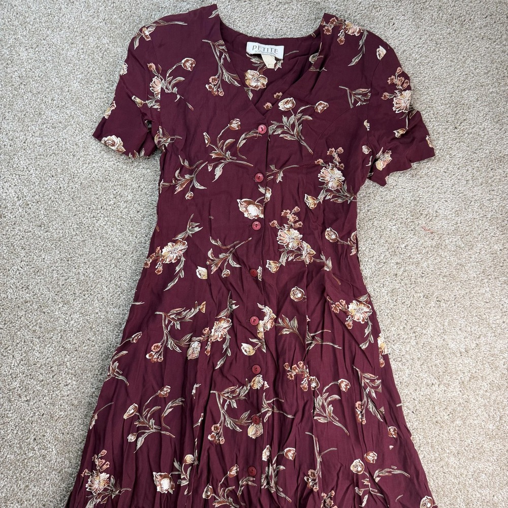 Vintage Petite Sophisticate Dress Womens S Red Floral Short Sleeve Maxi Sundress